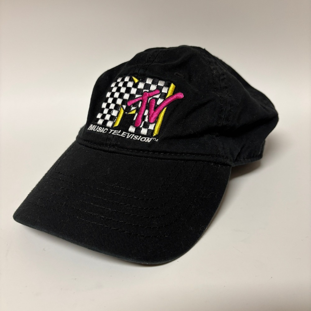MTV‎ Music Television Black Embroidered Checkerboard Logo Dad Hat Cap OSFM